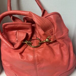 VTG Y2K Morgan Oakley Drift Coral Floppy Lg Leather Bookbag Tote Summer Academia